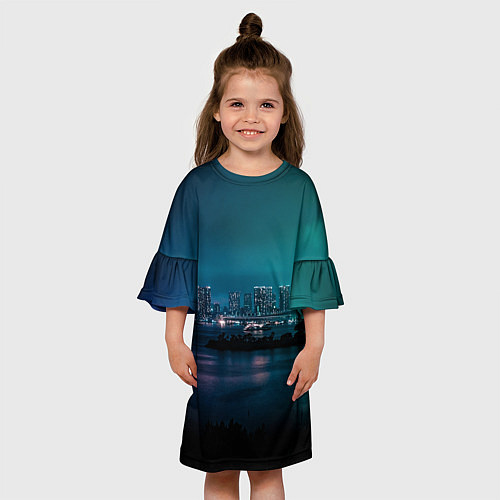 Детское платье Неоновый город с рекой - Светло-зелёный / 3D-принт – фото 3