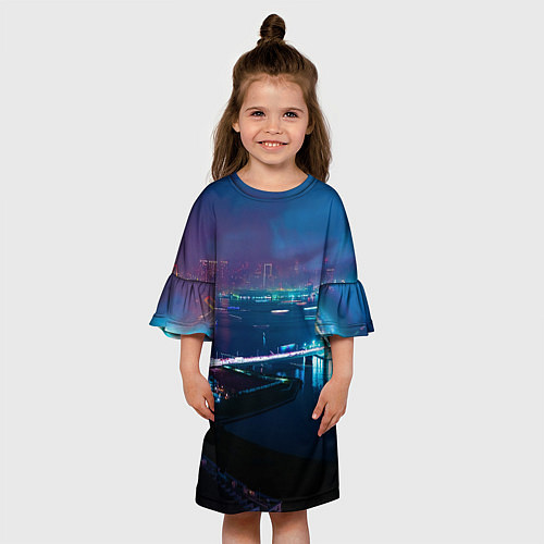 Детское платье Неоновый город и мост - Синий / 3D-принт – фото 3