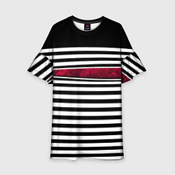 Платье клеш для девочки Полосатый современный черно-белый с красной вставк, цвет: 3D-принт