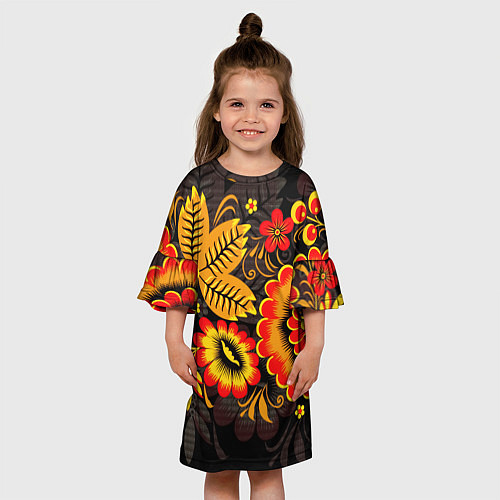 Детское платье Хохломская Роспись Цветы На Тёмном Фоне / 3D-принт – фото 3