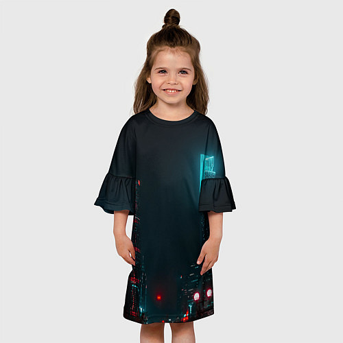 Детское платье Неоновые высотки в городе - Светло-синий / 3D-принт – фото 3