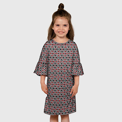 Детское платье Красный, черный квадраты на гранжевом сером / 3D-принт – фото 3