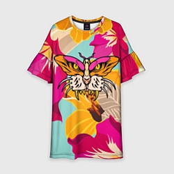 Платье клеш для девочки Цветы, бабочка и морда тигра, цвет: 3D-принт