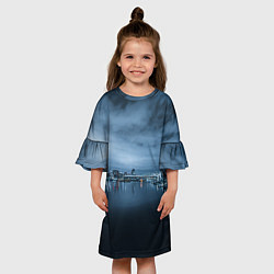 Платье клеш для девочки Неоновый город вдалеке и небо - Синий, цвет: 3D-принт — фото 2