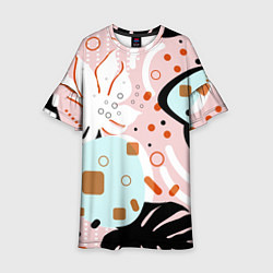 Платье клеш для девочки Абстрактные фигуры с пальмовыми листами на розовом, цвет: 3D-принт