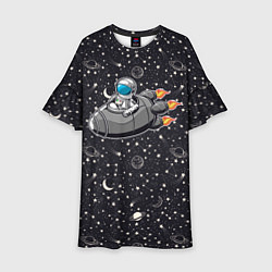 Платье клеш для девочки Космонавт летит в ракете через звезды, цвет: 3D-принт