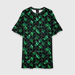 Платье клеш для девочки Геометрический узор, зеленые фигуры на черном, цвет: 3D-принт