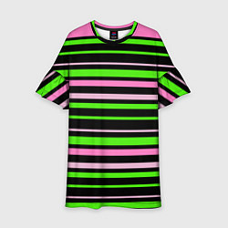 Платье клеш для девочки Полосаты узор в зелено-розовых оттенках на черном, цвет: 3D-принт