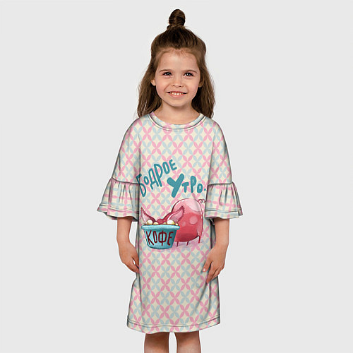 Детское платье Бодрое утро - свинка пьет кофе / 3D-принт – фото 3
