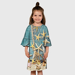 Платье клеш для девочки Натюрморт из сети, морских звёзд и ракушек - лето, цвет: 3D-принт — фото 2