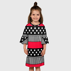 Платье клеш для девочки Red and black pattern with stripes and stars, цвет: 3D-принт — фото 2