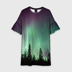 Платье клеш для девочки Сияние над лесом, цвет: 3D-принт