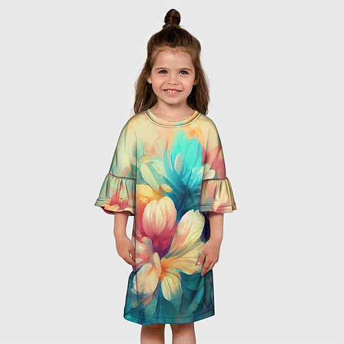 Детское платье Цветочный букет нарисованный маслом / 3D-принт – фото 3