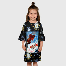 Платье клеш для девочки Новый год зайчик напугал мишку, цвет: 3D-принт — фото 2