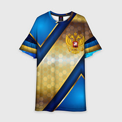 Платье клеш для девочки Золотой герб России на синем объемном фоне, цвет: 3D-принт