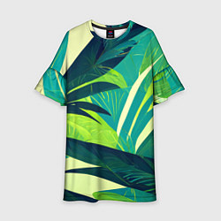 Платье клеш для девочки Яркие тропические листья пальмы, цвет: 3D-принт