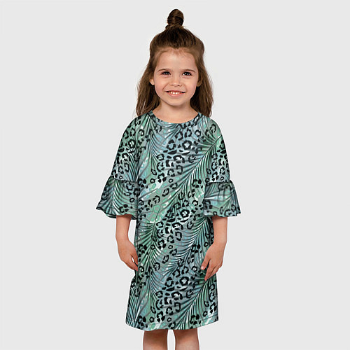 Детское платье Листья пальмы на леопардовом серо - зеленом фоне / 3D-принт – фото 3