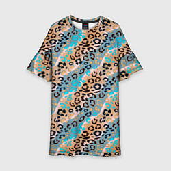 Платье клеш для девочки Леопардовый узор на синих, бежевых диагональных по, цвет: 3D-принт