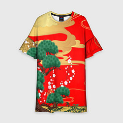 Платье клеш для девочки Японский пейзаж на красном, цвет: 3D-принт