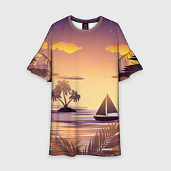 Платье клеш для девочки Лодка в море на закате возле тропических островов, цвет: 3D-принт