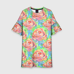 Платье клеш для девочки Алые розы акварель, цвет: 3D-принт