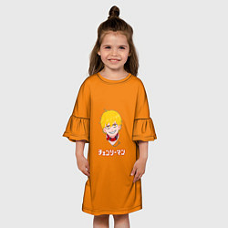 Платье клеш для девочки Человек-бензопила Дэндзи на оранжевом фоне, цвет: 3D-принт — фото 2
