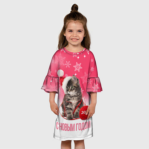Детское платье Новогодний котенок на розовом фоне / 3D-принт – фото 3