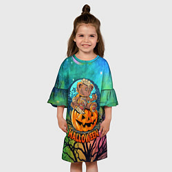Платье клеш для девочки Мишка на тыкве - хэллоуин, цвет: 3D-принт — фото 2