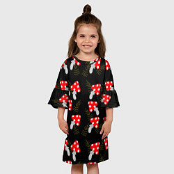 Платье клеш для девочки Мухоморы на черном фоне, цвет: 3D-принт — фото 2