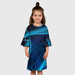 Платье клеш для девочки Синие абстрактные линии в темноте, цвет: 3D-принт — фото 2