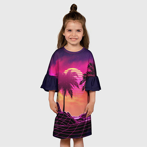Детское платье Пальмы и пляж в розовом закате ретро дизайн / 3D-принт – фото 3