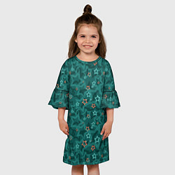 Платье клеш для девочки Темный бирюзовый узор со звездами, цвет: 3D-принт — фото 2