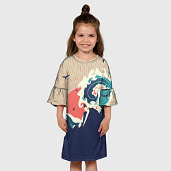 Платье клеш для девочки Большая океанская волна и силуэт пустынного остров, цвет: 3D-принт — фото 2