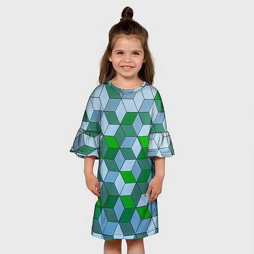 Детское платье Зелёные и серые абстрактные кубы с оптической иллю / 3D-принт – фото 3