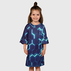 Платье клеш для девочки Голубой неон соты, цвет: 3D-принт — фото 2
