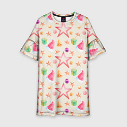 Платье клеш для девочки Новогодние звезды и шарики, цвет: 3D-принт