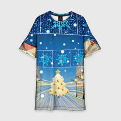 Платье клеш для девочки Новогоднее настроение - ночной город, цвет: 3D-принт