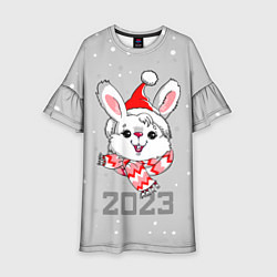 Платье клеш для девочки Белый кролик в шарфе 2023, цвет: 3D-принт
