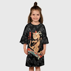 Платье клеш для девочки Кот самурай на скейтборде, цвет: 3D-принт — фото 2