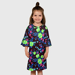 Платье клеш для девочки Неоновые цветы - паттерн, цвет: 3D-принт — фото 2