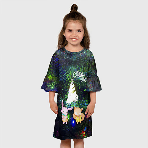 Детское платье Новый год 2023 зайчик и лисёнок возле ёлочки / 3D-принт – фото 3
