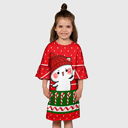 Платье клеш для девочки Белый котик - игра в снежки, цвет: 3D-принт — фото 2