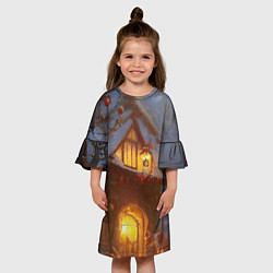 Платье клеш для девочки Зимний загородный пейзаж с украшенным новогодним к, цвет: 3D-принт — фото 2