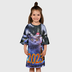 Платье клеш для девочки Дымчатый кот и елка, цвет: 3D-принт — фото 2