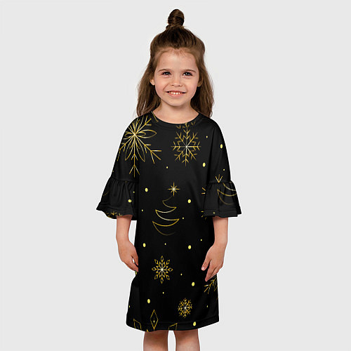Детское платье Золотые снежинки на темном фоне / 3D-принт – фото 3