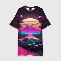 Платье клеш для девочки Synthwave car and mountains, цвет: 3D-принт