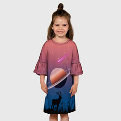 Платье клеш для девочки Сатурн на фоне падающих звезд и кометы, цвет: 3D-принт — фото 2