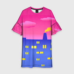 Платье клеш для девочки Город на фоне розового неба, цвет: 3D-принт