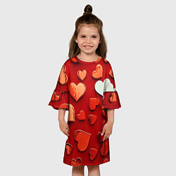 Платье клеш для девочки Красные сердца на красном фоне, цвет: 3D-принт — фото 2