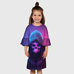 Платье клеш для девочки Неоновый череп в капюшоне, цвет: 3D-принт — фото 2